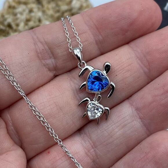 Sterling Silver Mom and Baby Turtle CZ Heart Necklace - Picture 6 of 8